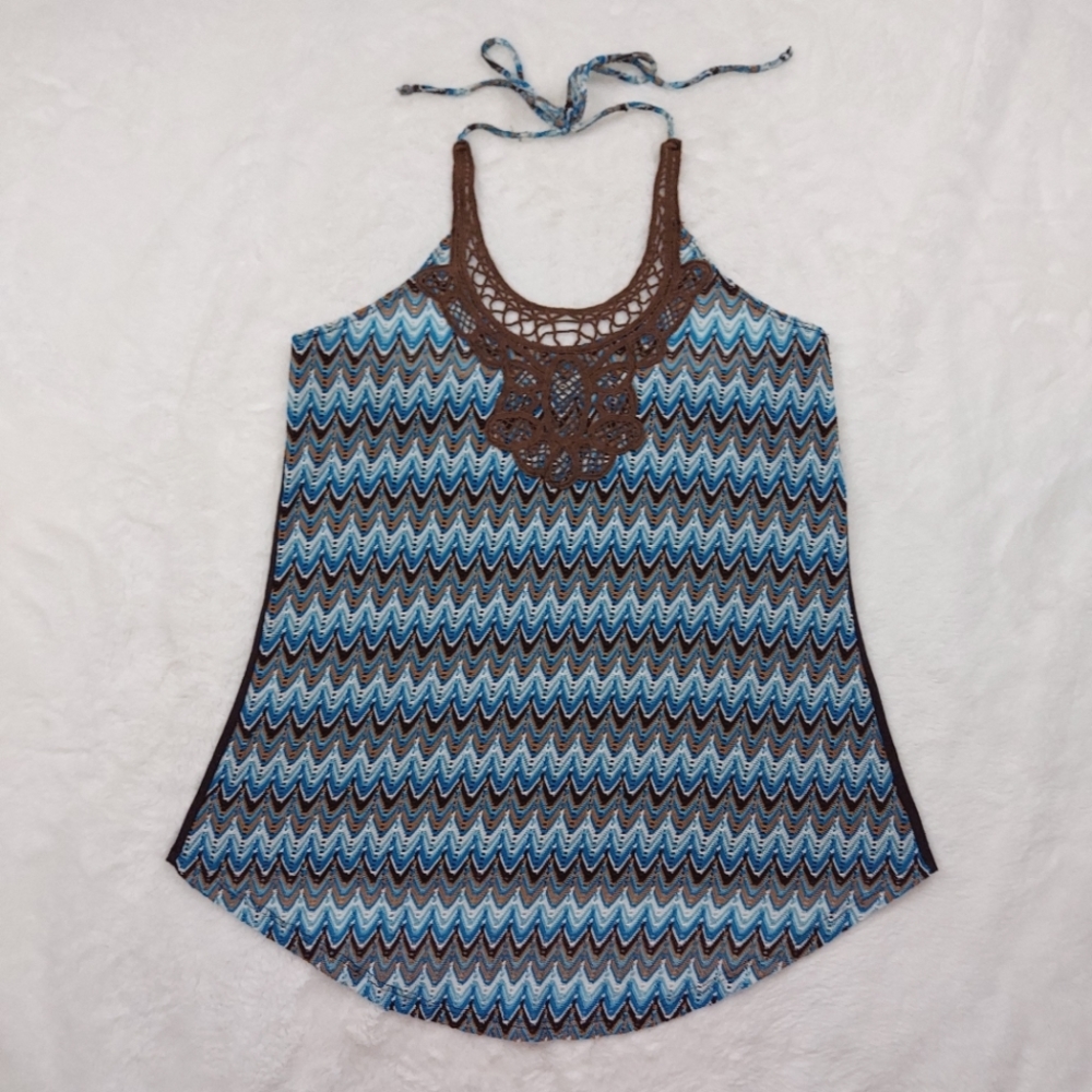 Wurl Crochet Lightweight Halter Tie Neck Top Blue Brown Size M